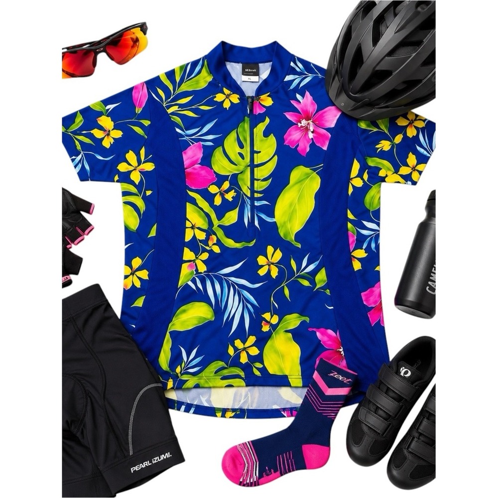 Mt Borah Tropical Floral Half Zip Cycling Jersey Women's XL Bike Shirt Colorful